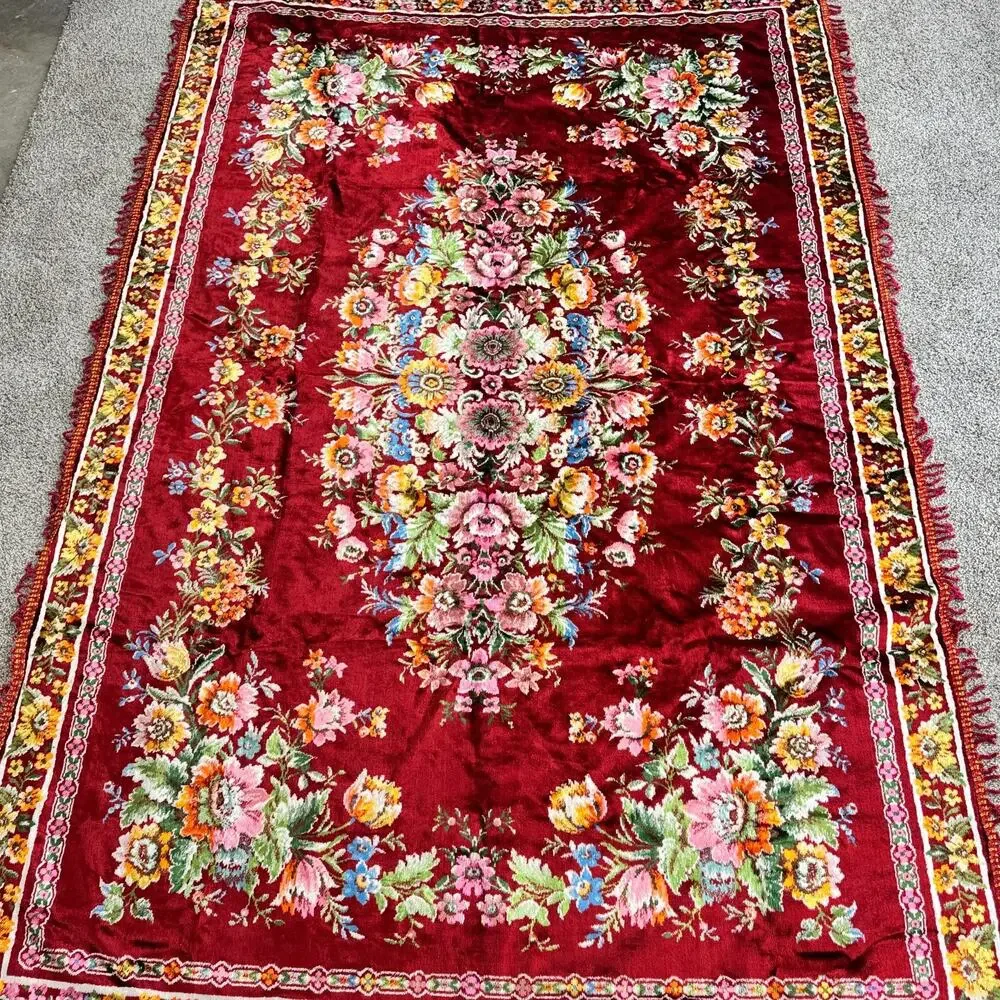 Vintage Italian Velvet Floral Tapestry Wall Rug Bedspread Red 58 x 88 inches
